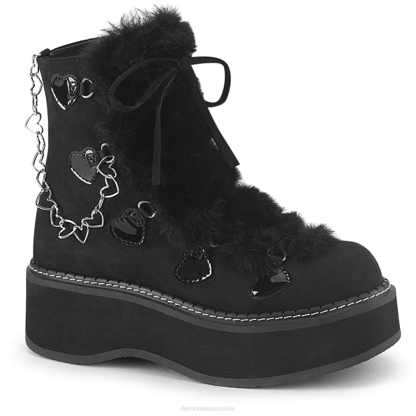 Black Vegan Suede-Faux Fur Demonia Emily-55 R6NZ82