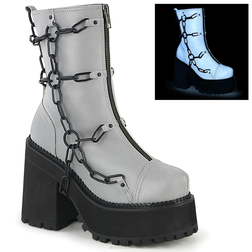 Gray Reflective Vegan Leather Demonia Assault-66 R6NZ16
