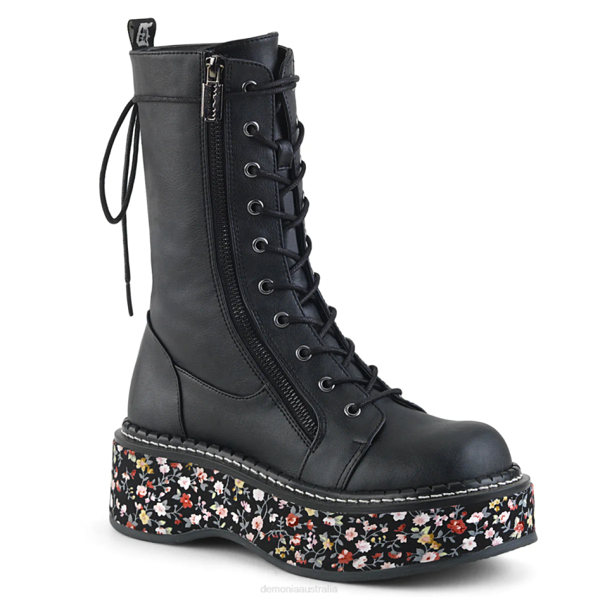 Black Vegan Leather-Floral Fabric Demonia Emily-350 R6NZ275