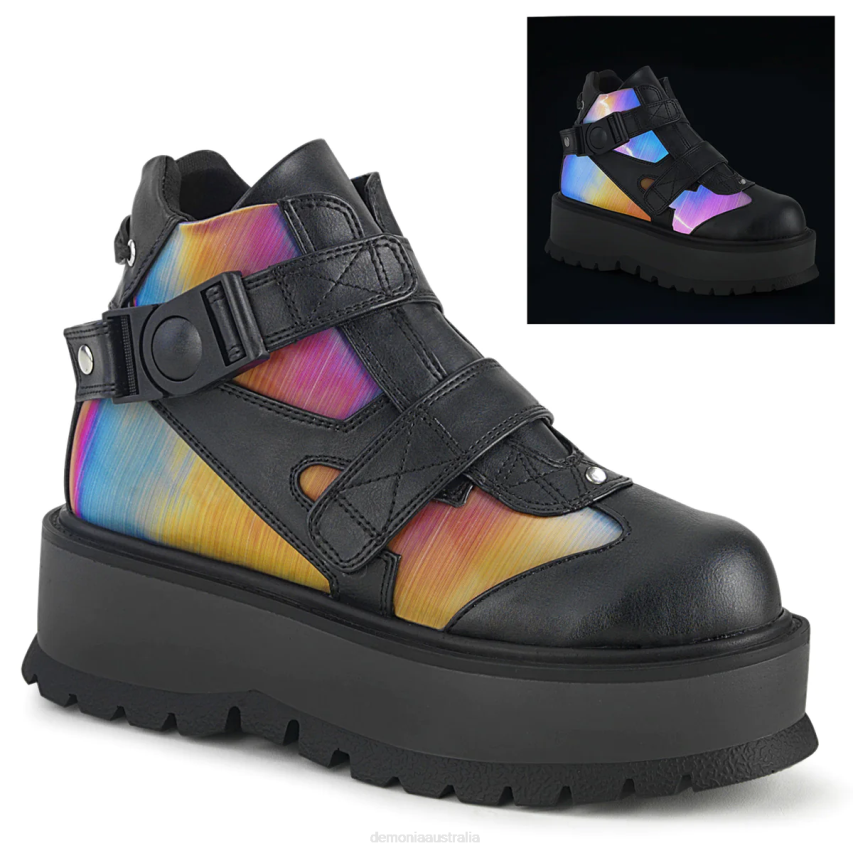 Black Vegan Leather-Rainbow Reflective Demonia Slacker-32 R6NZ726