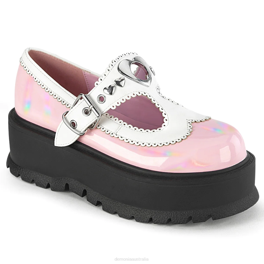 Baby Pink Holo Patent-White Vegan Leather Demonia Slacker-23 R6NZ1323